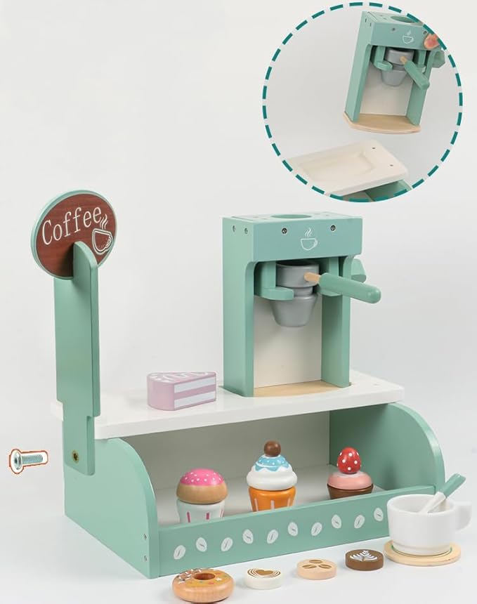 Wooden Coffee Shop Toys Play Set for Kids, Cake Dessert Coffee Maker Toy, Montessori Pretend Play Food Kitchen Accessories for Toddler Girls and Boys (Coffee Shop)