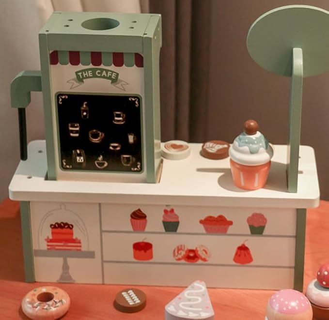 Wooden Coffee Shop Toys Play Set for Kids, Cake Dessert Coffee Maker Toy, Montessori Pretend Play Food Kitchen Accessories for Toddler Girls and Boys (Coffee Shop)