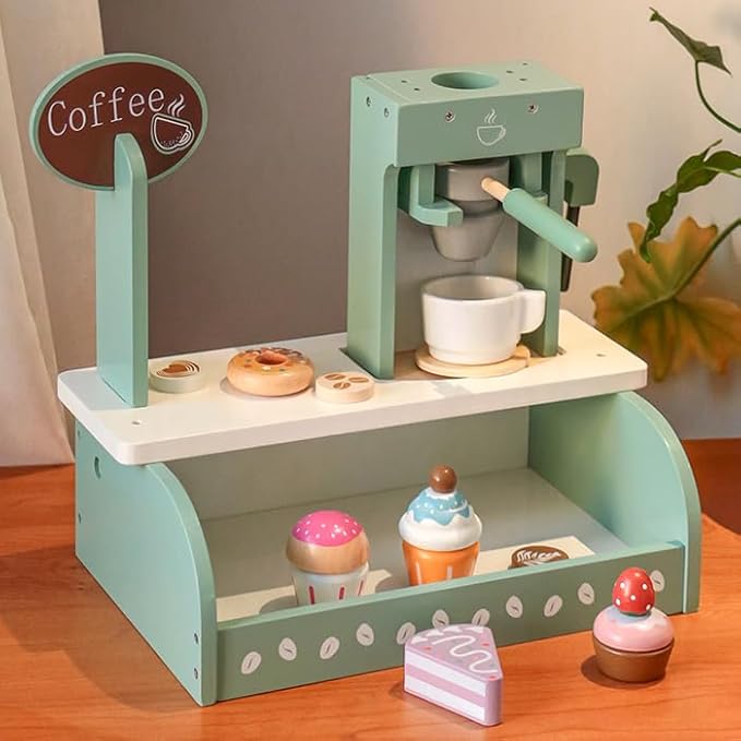 Wooden Coffee Shop Toys Play Set for Kids, Cake Dessert Coffee Maker Toy, Montessori Pretend Play Food Kitchen Accessories for Toddler Girls and Boys (Coffee Shop)