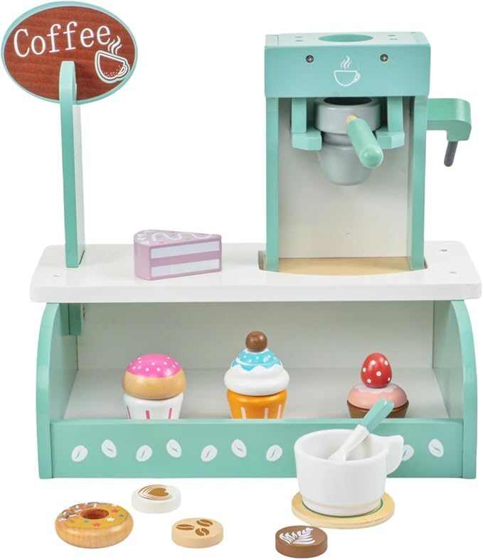 Wooden Coffee Shop Toys Play Set for Kids, Cake Dessert Coffee Maker Toy, Montessori Pretend Play Food Kitchen Accessories for Toddler Girls and Boys (Coffee Shop)