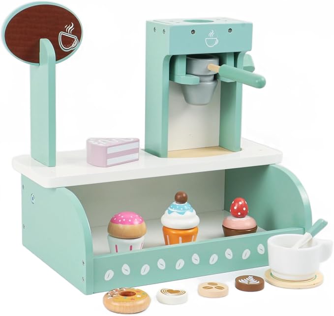 Wooden Coffee Shop Toys Play Set for Kids, Cake Dessert Coffee Maker Toy, Montessori Pretend Play Food Kitchen Accessories for Toddler Girls and Boys (Coffee Shop)