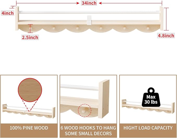 Nursery Bookshelves Wall Mounted,34inch,Set of 3, Floating Shelf Kids Coat Rack with 6Hooks,Hanging Shelf for Baby Nursery Room Décor, Patent Number: 29924445,Burlywood