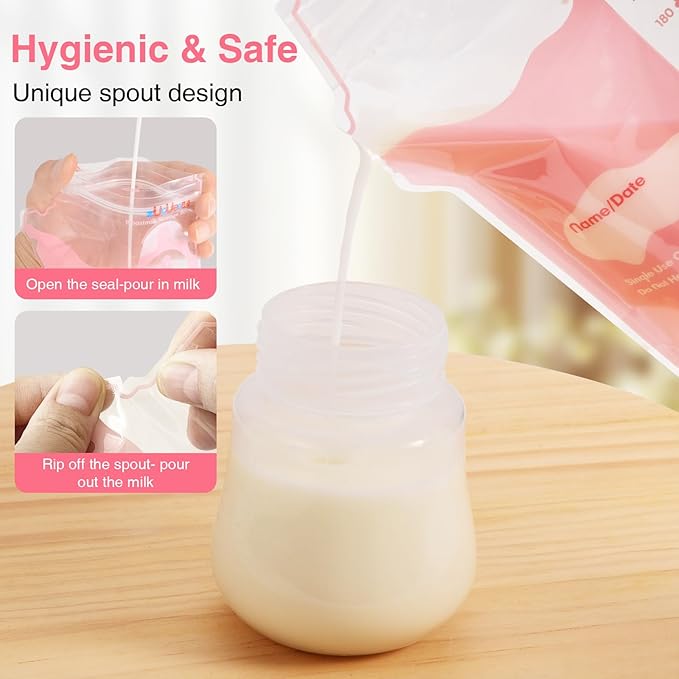 Breastmilk Storage Bags(180 Count),8oz Milk Storage Bags for Breastfeeding,BPA Free with Easy Pour Spout, Self Standing, for Refrigeration and Freezing