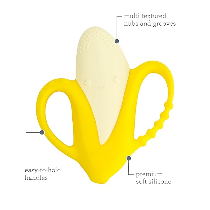 Infantino Lil' Nibbles Textured Silicone Baby Teether - Sensory Exploration and Teething Relief with Easy to Hold Handles, Yellow Banana, 0+ Months