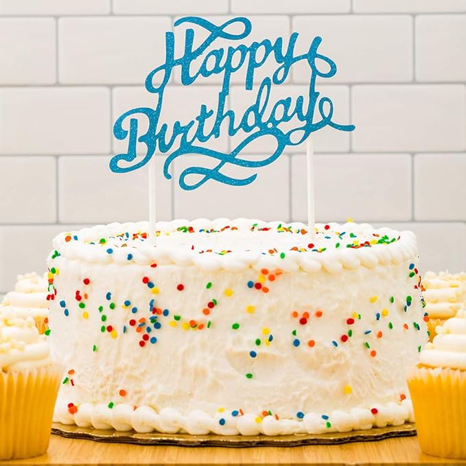 Restaurantware Top Cake 6 X 6 Inch Cake Toppers 100 Happy Birthday Cake Topper Inserts - Durable With Glitter Detail Blue Paper Cake Decoration Birthday Baby Shower Wedding Supplies