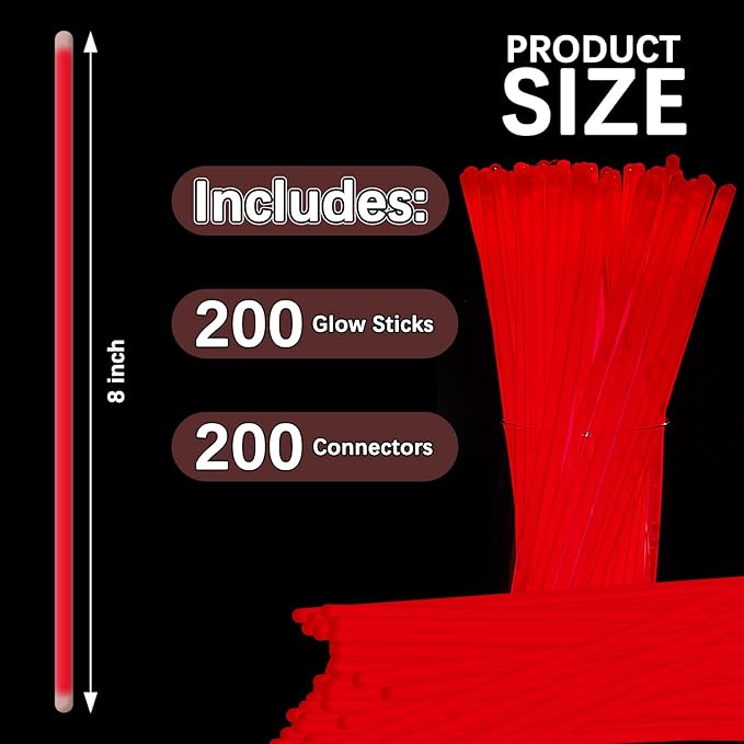 Red Glow Sticks Bulk,200 Pcs Glow Bracelets and Glow Necklaces with Connectors,Glow in The Dark Party Supplies,Glow Party Favors,Glowsticks for Party Christmas Carnival Birthday (8 Inch)