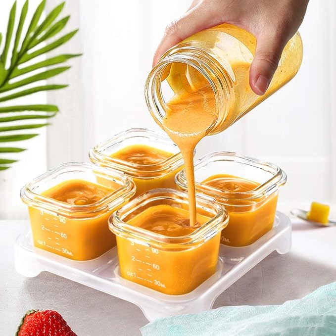 Matyz 4-Pack Glass Baby Food Containers with Airtight Lids and Stackable Tray (Mint Green, 3 OZ Each) - Glass Food Containers Freezer Safe for Baby Toddler - Stackable Baby Food Containers Glass