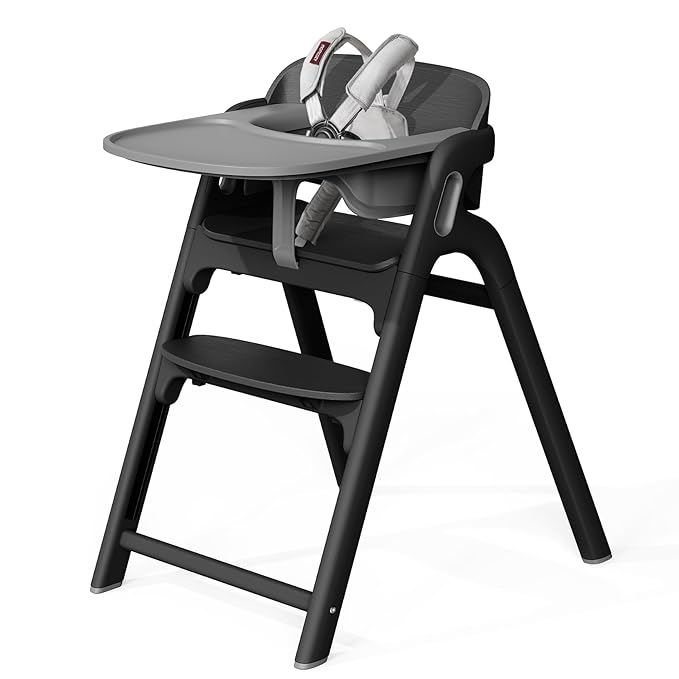 Momcozy DinerPal Wooden High Chair for Babies, Toddlers & Adults Up to 308 Lbs, Convertible Baby Highchair with Food-Grade Tray, Dishwasher-Safe, Adjustable & Ergonomic, Midnight Black