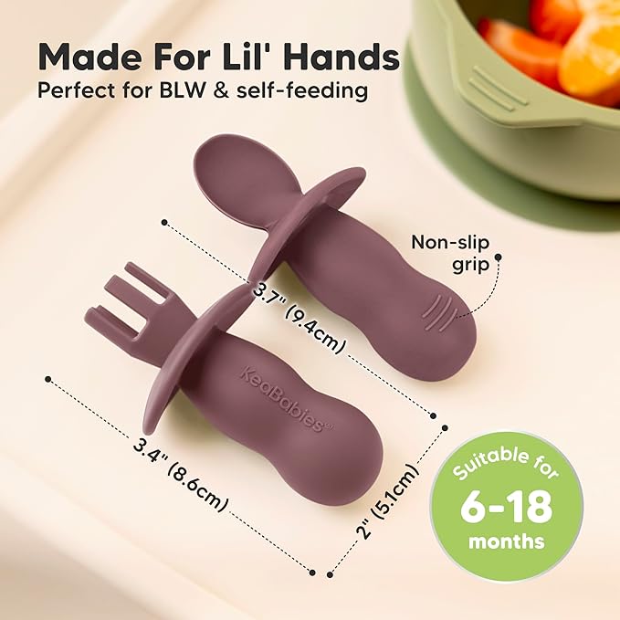 KeaBabies 4-Pack Silicone Baby Spoons and Forks Set - Baby Spoon Self Feeding, BLW Baby Utensils 6-12 Months, Baby Led Weaning Feeding Spoon, Teething Infant Baby First Food Training Pre Spoon (Rocky)