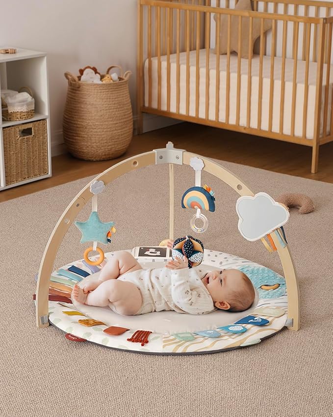 Blissful Diary Baby Play Gym & Activity Mat, 5 Developmental Zones Wooden Tummy Time Mat with 5 Detachable Sensory Toys for Motor Skills & Sensory Development, Baby Essentials Shower Gift