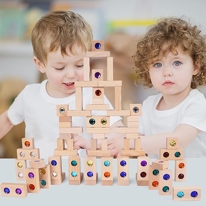 128pcs Wooden Building Blocks Set Rainbow Stacking Game Rainbow Stacker Acrylic Block Construction Toy Sensory Montessori Toys Colorful Preschool Learning Educational Learning Toys for Boys Girls