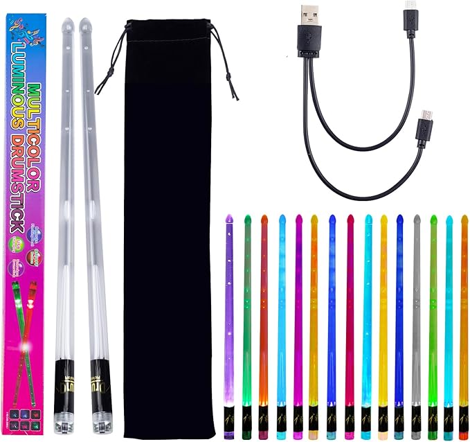 Light Up Drum Sticks Rechargeable 15 Color Changing Led Personalized Drumsticks for Kids Drummer Gifts Drum Accessories