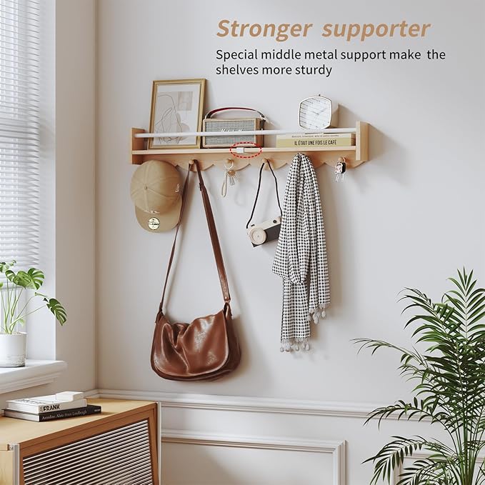Nursery Bookshelves Wall Mounted,34inch,Set of 3, Floating Shelf Kids Coat Rack with 6Hooks,Hanging Shelf for Baby Nursery Room Décor, Patent Number: 29924445,Burlywood