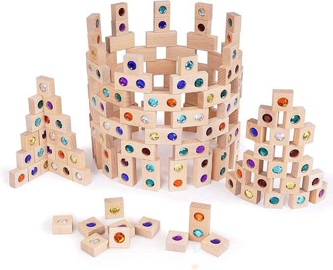 128pcs Wooden Building Blocks Set Rainbow Stacking Game Rainbow Stacker Acrylic Block Construction Toy Sensory Montessori Toys Colorful Preschool Learning Educational Learning Toys for Boys Girls