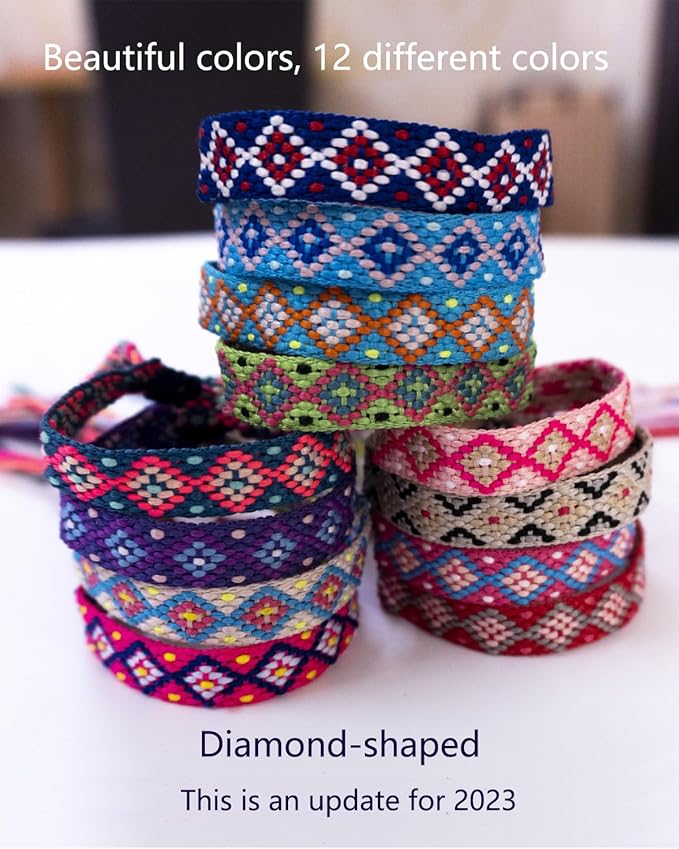 Woven Friendship Bracelets - Adjustable Nepal & Mexico Wave Anklets - 0.45 Inch Width - Diamond-Shaped Design - 12 Colorful Braided Bracelets for Best Friends, Kids, Women, Girls, and Men - Boho Surfer Beach Party VSCO Style