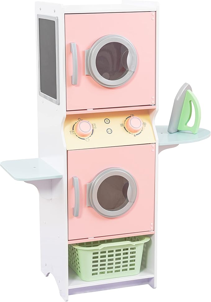 KidKraft Laundry Playset Children's Pretend Wooden Stacking Washer and Dryer Toy with Iron and Basket, Pastel, Gift for Ages 3+