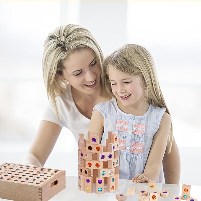 128pcs Wooden Building Blocks Set Rainbow Stacking Game Rainbow Stacker Acrylic Block Construction Toy Sensory Montessori Toys Colorful Preschool Learning Educational Learning Toys for Boys Girls