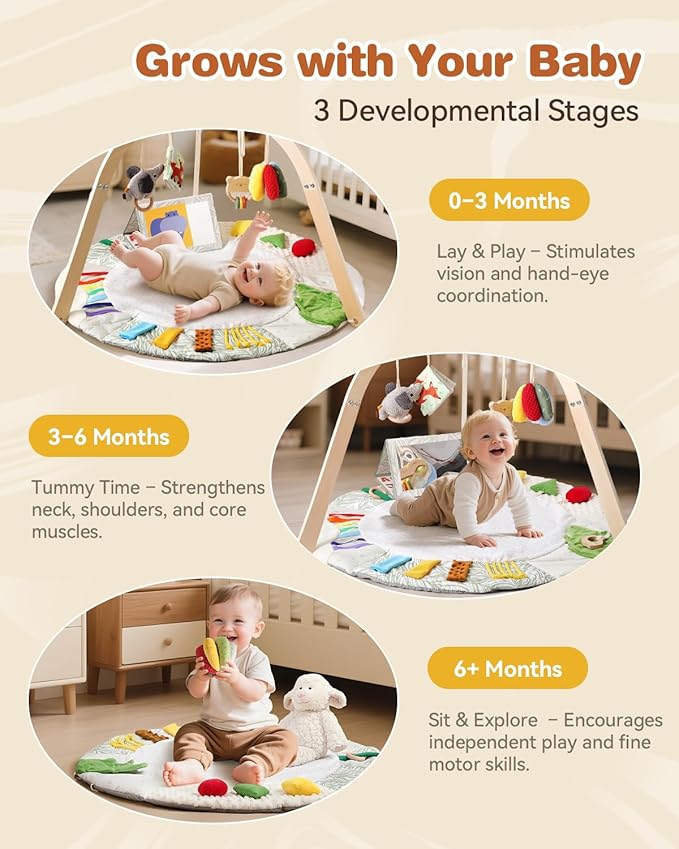 Wooden Baby Play Gym & Tummy Time Playmat – Montessori Sensory Activity Mat with 6 Developmental Toys for Fine Motor Skills – for Newborns to Toddlers (0–12M+)