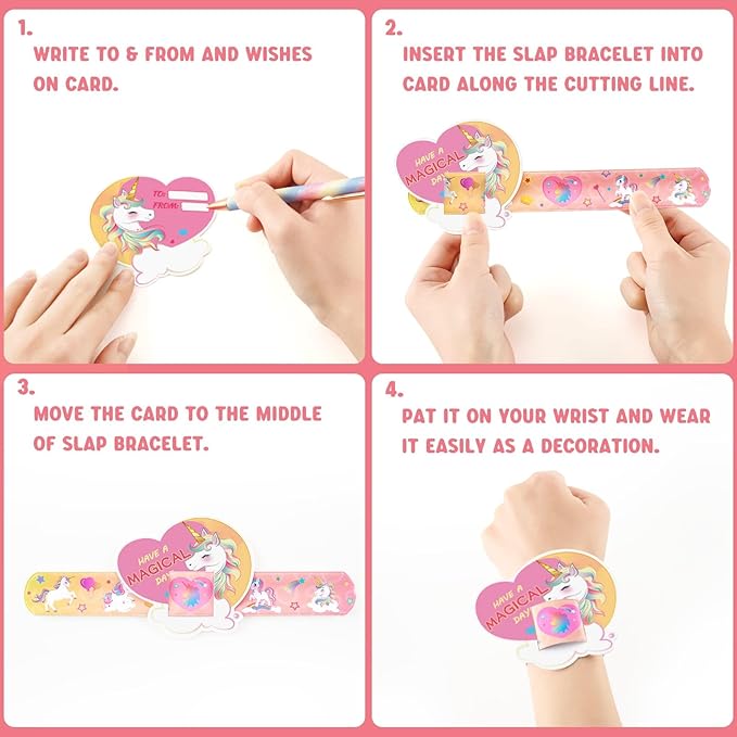 WERNNSAI 24 Pack Unicorn Valentine Cards with Unicorn Slap Bracelet for Kids Unicorn Party Favor Rainbow Unicorn Slap Wristbands for Classroom Baby Shower Party Exchange Greeting Cards Gift