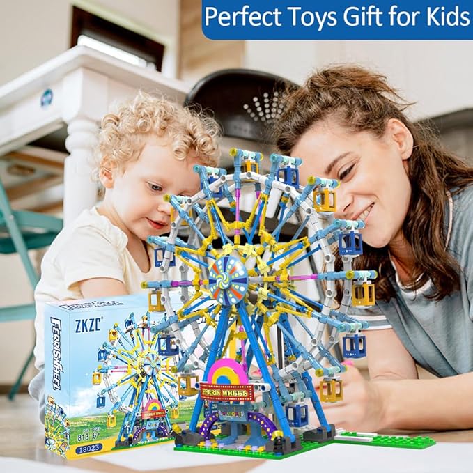 Upgrade Rotating Ferris Wheel Building Blocks Set Toys for Kids with Light Carnival Amusement Park Construction Kits Birthday Halloween for Boys Girls(813pcs)