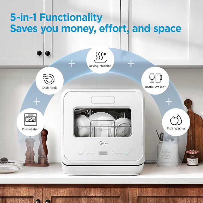 Midea MDC17P4CWW Portable Countertop Mini 5L Built-in Water Tank, Baby Care, No Hookup Needed, 360° Dual Spray,High-Temp wash, Dishwasher for Apartments& RVs, White, Whole