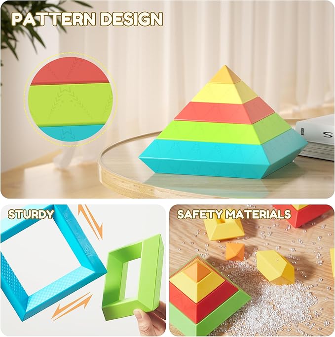 Montessori Toys for Ages 1-3 2-5 Toddlers Kids Baby,Pyramid Stacking Building Toys,3D Preschool Learning Blocks for Kids,STEM Sensory Toy Gifts for 2-4 Year Old Boy Girl,Plastic Storage Bag Set