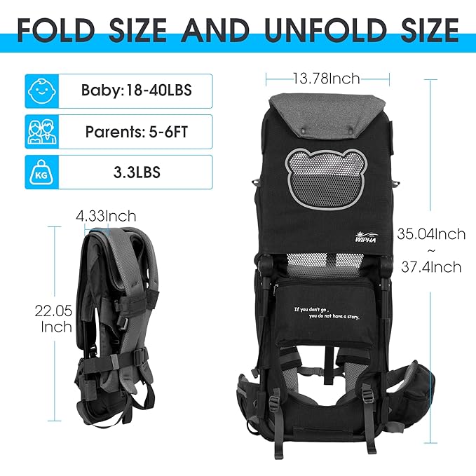 WIPHA Hiking Backpack Carrier, Lightweight Toddler Shoulder Carrier with Sun Shade, Saddle Toddler Backpack for Kids 6 Months to 4 Years Old