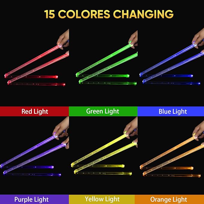 Light Up Drum Sticks Rechargeable 15 Color Changing Led Personalized Drumsticks for Kids Drummer Gifts Drum Accessories