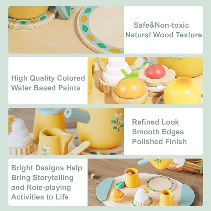 Wooden Tea Set for Toddlers Pretend Play Kitchen Accessories Little Girl Toys Tea Party Set for 3 4 5 6 Year Olds Enjoy Tea Time with Wooden Toys Toddler Tea Set