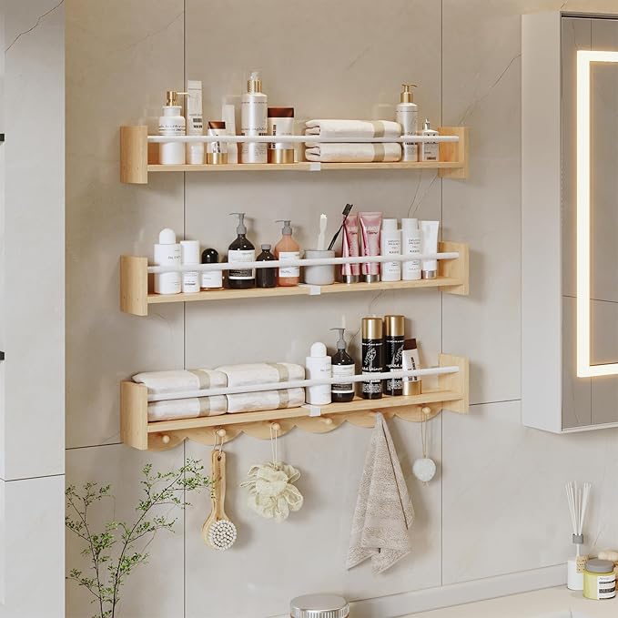 Nursery Bookshelves Wall Mounted,34inch,Set of 3, Floating Shelf Kids Coat Rack with 6Hooks,Hanging Shelf for Baby Nursery Room Décor, Patent Number: 29924445,Burlywood