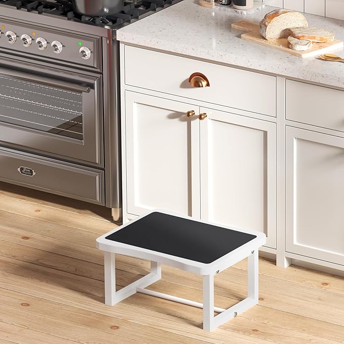 Wooden Step Stool with 500 Pounds, Wide Bed Step Stool for Adults,Wood White Step Stool&Stable Solid Metal Frame for Kitchen, Bedroom, Living Room, Bathroom