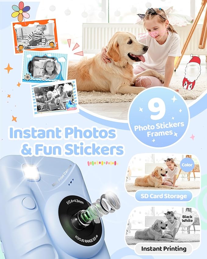 Kids Camera Instant Print for Girls Ages 3-14, 3-inch HD Screen Camera for Kids with Printing Paper, 1080P Digital Toddler Toys for 4 5 6 7 8 9 10 11 12 Years Old (Blue)