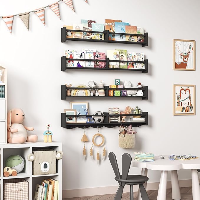 34Inch Nursery Bookshelves,Set of 4,Wall Floating Shelf Kids Coat Rack with 6Hooks,Hanging Book Shelf for Baby Nursery Room Décor ,Patent Number: 29958098(Black, 34)