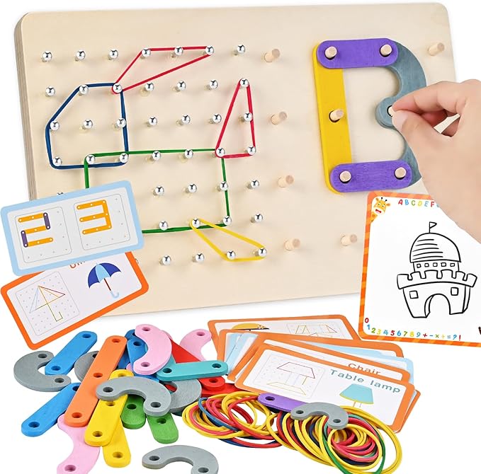 Wooden Geoboards, Wooden Letter Number Construction Puzzle Board, Montessori Toys for Kids with 20 Pattern Cards, 50 Rubber Bands to Figures and Shapes, Brain Teaser STEM Toy(9.5*6 *0.6in)