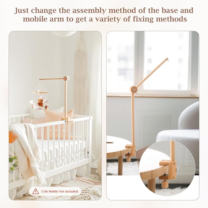 Baby Crib Mobile Arm - Wooden Mobile Arm with Height Adjustable&360° Rotatable Upgraded Arched Base Nursery Mobile Holder for Crib Mobile Hanger Baby Crib Attachment Nursery Decor