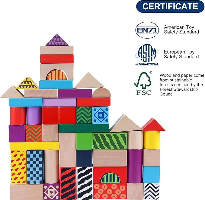 Wooden Building Blocks for Toddlers 1-3, Montessori Shape Sorting & Stacking Toys, 50 Pcs Colored Wooden Blocks Set with Storage Bucket, Kids Building Toys, Stacking Blocks for Boys Girls