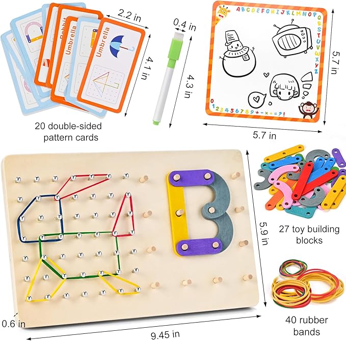 Wooden Geoboards, Wooden Letter Number Construction Puzzle Board, Montessori Toys for Kids with 20 Pattern Cards, 50 Rubber Bands to Figures and Shapes, Brain Teaser STEM Toy(9.5*6 *0.6in)