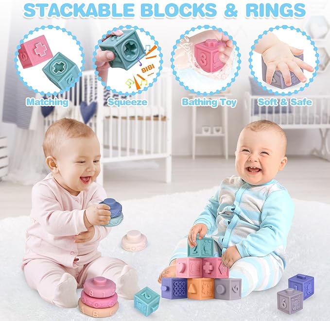 SpringFlower 5 in 1 Baby Toys 6 to 12 Months, Montessori Toys, Soft Baby Teething Toys, Sensory Bin Toy, Stacking Building Blocks & Rings Infants,Sorting Sensory Learning Gift for Toddlers Aged 1-3