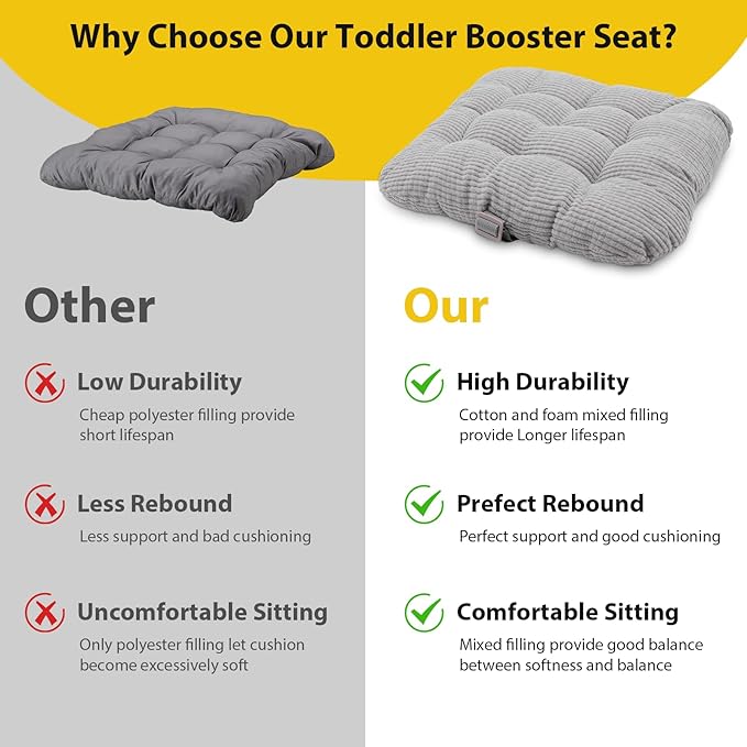 Toddler Booster Seat for Dining Table 2PC Upgraded 3.6IN Cushion with Soft Corduroy Backrest Infant Booster Seat for Kitchen Chair with Adjustable Straps - Non-Slip Base & Breathable Fabric 