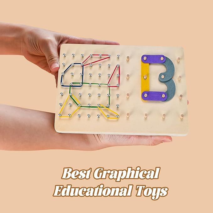 Wooden Geoboards, Wooden Letter Number Construction Puzzle Board, Montessori Toys for Kids with 20 Pattern Cards, 50 Rubber Bands to Figures and Shapes, Brain Teaser STEM Toy(9.5*6 *0.6in)