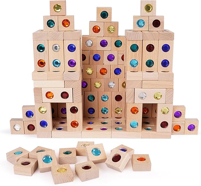 128pcs Wooden Building Blocks Set Rainbow Stacking Game Rainbow Stacker Acrylic Block Construction Toy Sensory Montessori Toys Colorful Preschool Learning Educational Learning Toys for Boys Girls