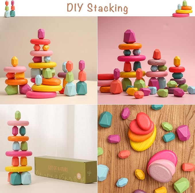 OESSUF Stacking Rocks 26Pcs Stacking Blocks Balancing Stones Wooden Building Toys Wood Stone Stacking Game for Toddler Sorting Preschool Educational Montessori Stacking Rocks for Kids