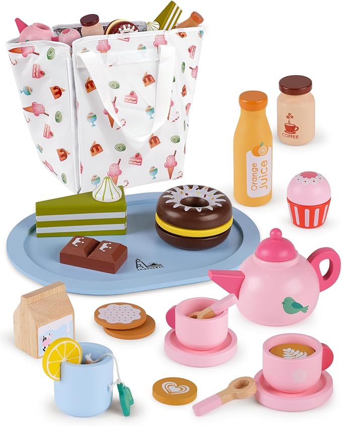 Wooden Tea Sets for Toddlers 3-5, Tea Party Set for Little Girls 4-6, Tea Set Wooden Play Food Set, Kids Kitchen Accessories 2 Year Old Girl Gifts