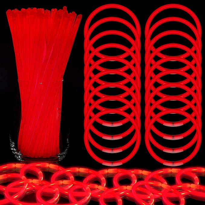 Red Glow Sticks Bulk,200 Pcs Glow Bracelets and Glow Necklaces with Connectors,Glow in The Dark Party Supplies,Glow Party Favors,Glowsticks for Party Christmas Carnival Birthday (8 Inch)