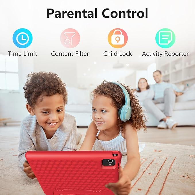 JREN Tablet for Kids|10 Inch Kids Tablet Android 14|Octa-core|64GB|WiFi |Bluetooth|Parental Control|Children Content|Children Toddler Red