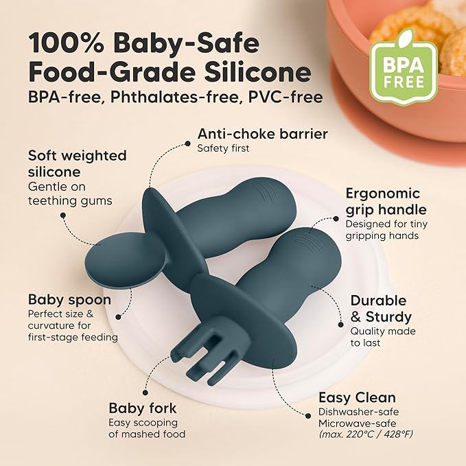 KeaBabies 4-Pack Silicone Baby Spoons and Forks Set - Baby Spoon Self Feeding, BLW Baby Utensils 6-12 Months, Baby Led Weaning Feeding Spoon, Teething Infant Baby First Food Training Pre Spoon (Rocky)