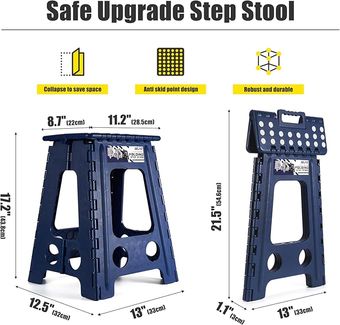 Delxo Folding Step Stool 17.5 Inch,Heavy Duty Step Stools for Adults,Non Slip Folding Stool with Handle,Premium Portable Foldable Step Stool for Kitchen Bathroom Bedroom Up to 400LBS,(Royal Blue,1PC)