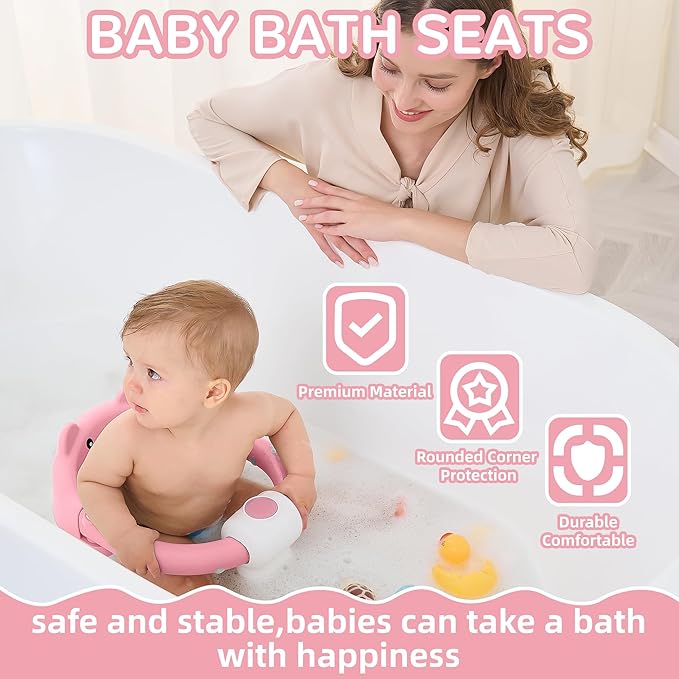 Baby Bath Seat for Babies 6 Months & up, Non-Slip Toddler Bath Seats for Babies Sitting Up, Safe Infant & Newborn Bathtub Chair with 4 Suction Cups & Soft Cushion for Shower,Pink