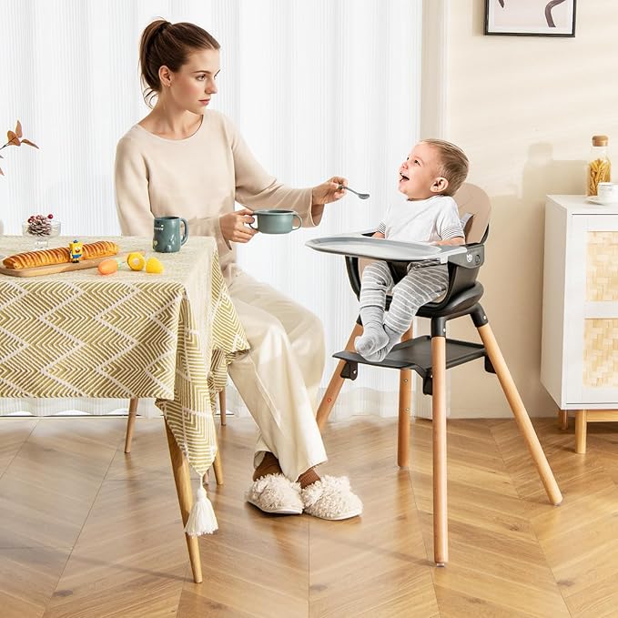 BABY JOY Baby High Chair, 6 in 1 Convertible Wooden High Chair for Babies & Toddlers with Adjustable Legs, Double Removable Tray, Safety Harness & Waterproof PU Cushion (Coffee)