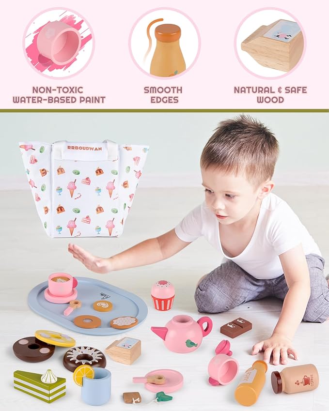 Wooden Tea Sets for Toddlers 3-5, Tea Party Set for Little Girls 4-6, Tea Set Wooden Play Food Set, Kids Kitchen Accessories 2 Year Old Girl Gifts